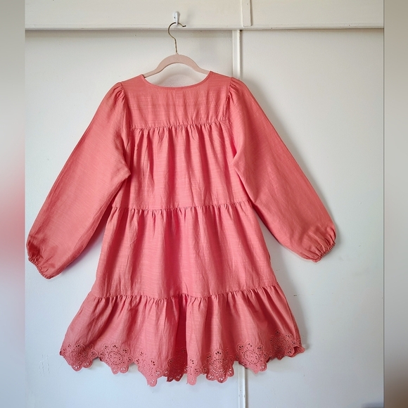 Tiered Lace-Up Mini Swing Dress Eyelet Floral Hem Coral Long Sleeve M. - Picture 16 of 17